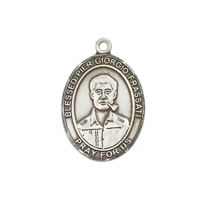Medium Women's Pewter Blessed Pier Giorgio Frassati Medal Pendant on 18 Inch Rhodium Plated Lite Curb Brass Chain with Lobster Claw Clasp, Catholic Religious Necklace - Made in USA- Deluxe Velvet Gift Box