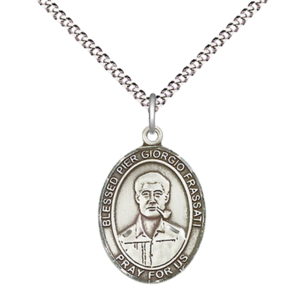 Everlasting Light Jewelry Medium Women's .925 Sterling Silver Blessed Pier Giorgio Frassati Pendant Necklace on 18- inch Rhodium- Plated Lite Curb Brass Chain, Catholic Medal – Velvet Gift Box Included