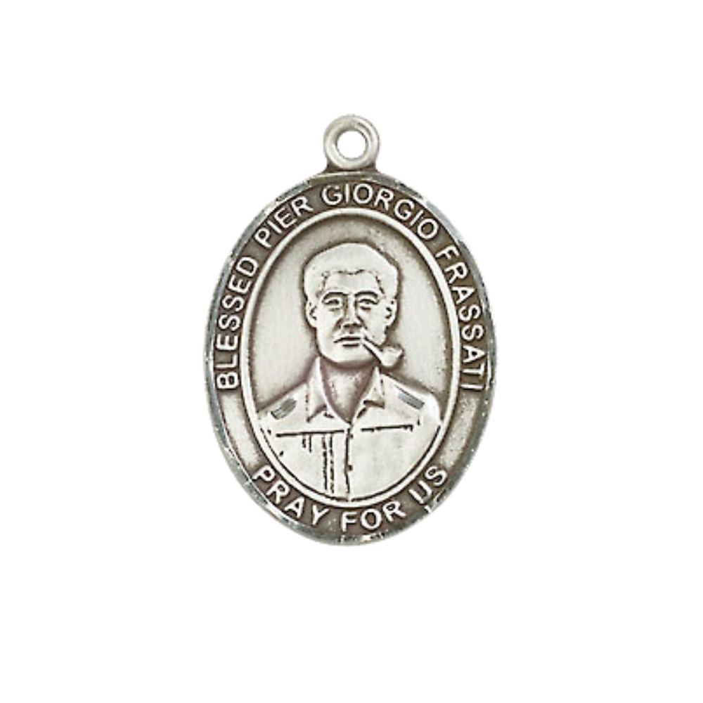 Medium Men's .925 Sterling Silver Blessed Pier Giorgio Frassati Medal Pendant on 24 Inch Endless Rhodium Plated Heavy Curb Brass Chain, Catholic Religious Necklace - Made in USA- Deluxe Velvet Gift Box