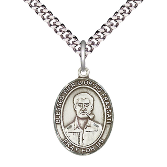 Medium Men's Pewter Blessed Pier Giorgio Frassati Medal Pendant on 24 Inch Endless Rhodium Plated Heavy Curb Brass Chain,Catholic Religious Necklace -Made in USA- Deluxe Velvet Gift Box