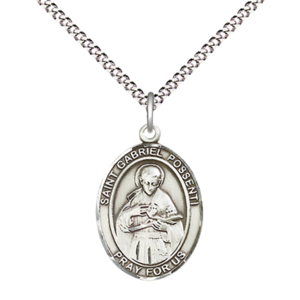 Everlasting Light Jewelry Medium Women's Pewter Saint Gabriel Possenti Pendant Necklace on 18-inch Rhodium-Plated Lite Curb Brass Chain – Patron Saint of College Students – Velvet Gift Box Included
