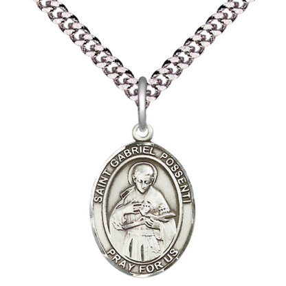Medium Men's Pewter Saint St. Gabriel Possenti Medal Pendant on 24 Inch Endless Rhodium Plated Heavy Curb Brass Chain, Catholic Religious Necklace - Made in USA- Deluxe Velvet Gift Box