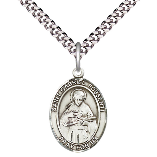 Medium Men's Pewter Saint St. Gabriel Possenti Medal Pendant on 24 Inch Endless Rhodium Plated Heavy Curb Brass Chain, Catholic Religious Necklace - Made in USA- Deluxe Velvet Gift Box