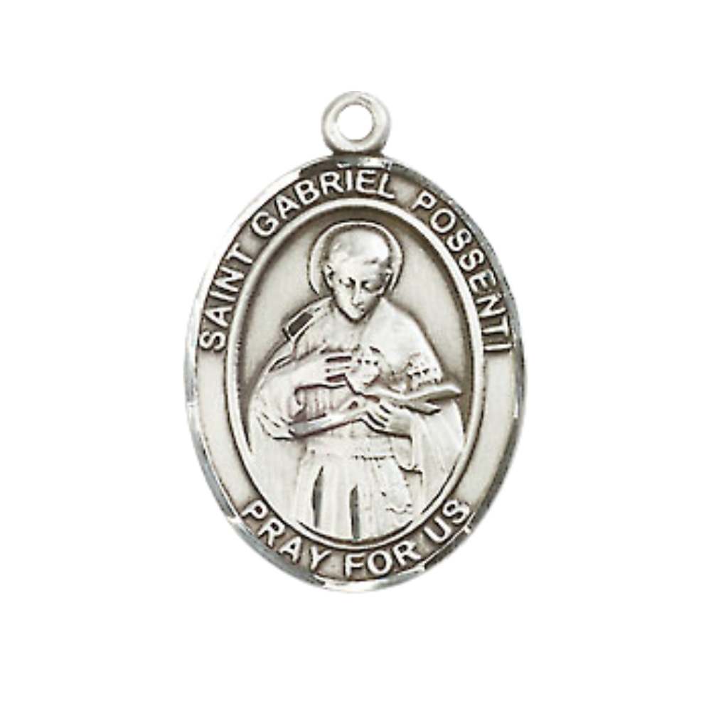 Medium Men's .925 Sterling Silver Saint St. Gabriel Possenti Medal Pendant on 24 Inch Endless Rhodium Plated Heavy Curb Brass Chain, Catholic Religious Necklace - Made in USA- Deluxe Velvet Gift Box