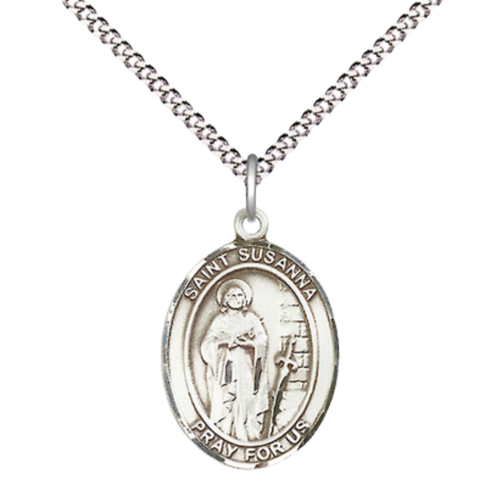 Everlasting Light Jewelry Medium Women's Pewter Saint St. Susanna Pendant Necklace on 18- inch Rhodium- Plated Lite Curb Brass Chain – Patron Saint St. of Those Named Susanna, Catholic Medal – Velvet Gift Box Included