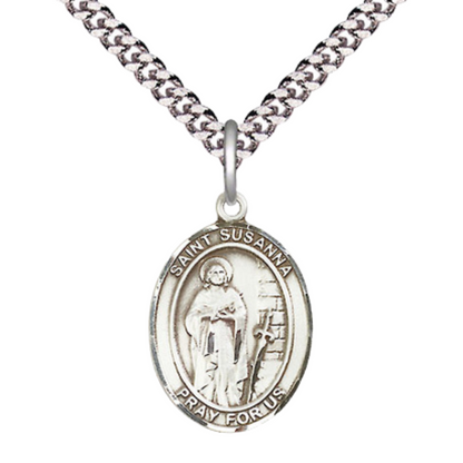 Everlasting Light Jewelry Medium Men's Pewter Saint St.Susanna Medal Pendant on 24 Inch Endless Rhodium Plated Heavy Curb Brass Chain, Catholic Religious Necklace -Made in USA- Deluxe Velvet Gift Box