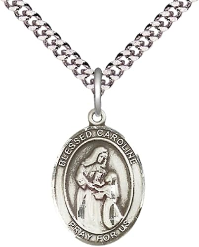 Medium Mens Oval .925 Sterling Silver Blessed Caroline Gerhardinger Medal Pendant on 24 Inch Rhodium Plated Heavy Curb Brass Chain w/ Lobster Claw Clasp, Catholic Religious Necklace - Made in USA- Gift Boxed
