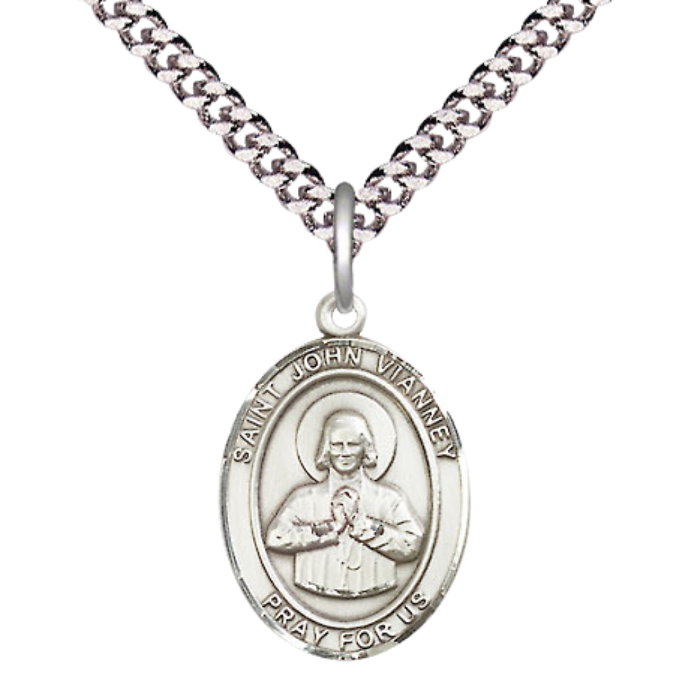 Medium Mens Oval Sterling Silver Saint John Vianney Medal Pendant on 24" Rhodium Plated Heavy Curb Brass Chain w/ Lobster Claw Clasp, Catholic Religious Necklace -Made in USA-Velvet Gift Box