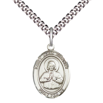 Everlasting Light Jewelry Medium Men's Pewter Saint St.John Vianney Medal Pendant on 24 Inch Endless Rhodium Plated Heavy Curb Brass Chain, Catholic Religious Necklace -Made in USA- Deluxe Velvet Gift Box