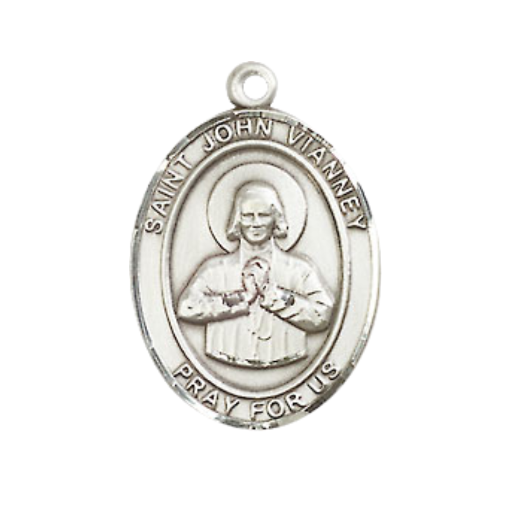 Medium Mens Oval Sterling Silver Saint John Vianney Medal Pendant on 24" Rhodium Plated Heavy Curb Brass Chain w/ Lobster Claw Clasp, Catholic Religious Necklace -Made in USA-Velvet Gift Box