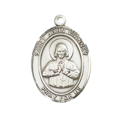 Everlasting Light Jewelry Medium Men's Pewter Saint St.John Vianney Medal Pendant on 24 Inch Endless Rhodium Plated Heavy Curb Brass Chain, Catholic Religious Necklace -Made in USA- Deluxe Velvet Gift Box