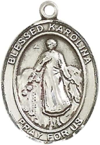 Mens Medium Oval Pewter Blessed Karolina Kozkowna Medal Pendant on 24" Rhodium Plated Heavy Curb Brass Chain w/ Lobster Claw Clasp, Catholic Religious Necklace -Made in USA-Velvet Gift Box