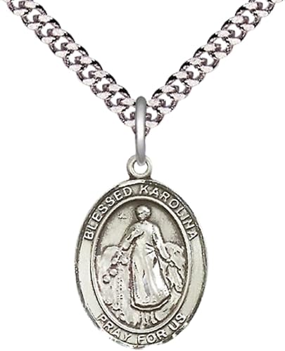 Medium Mens Oval .925 Sterling Silver Blessed Karolina Kozkowna Medal Pendant on 24 Inch Rhodium Plated Heavy Curb Brass Chain w/ Lobster Claw Clasp, Catholic Religious Necklace - Made in USA- Gift Boxed