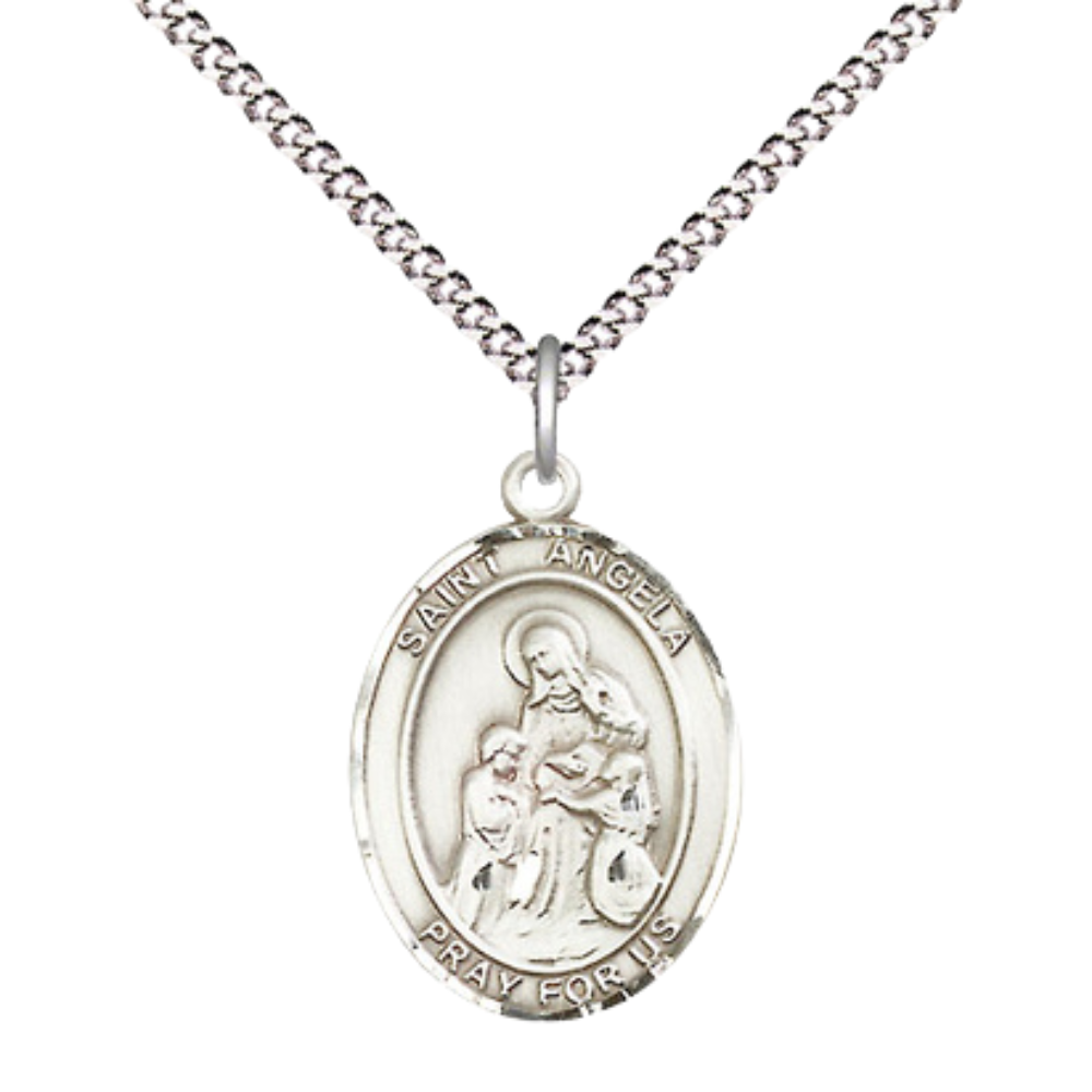Everlasting Light Jewelry Medium Women's Pewter Saint St. Angela Merici Pendant Necklace on 18- inch Rhodium- Plated Lite Curb Brass Chain – Patron Saint St. of Handicapped People, Catholic Medal – Velvet Gift Box Included
