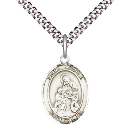 Medium Men's .925 Sterling Silver Patron Saint St.Angela Merici Medal Pendant with 24" Rhodium Plated Heavy Curb Chain Catholic Religious Necklace - Made in USA,Deluxe Velvet Gift Box