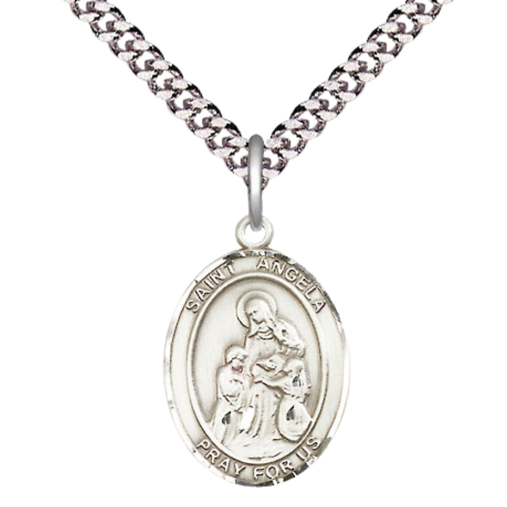 Everlasting Light Jewelry Medium Men's Pewter Patron Saint St.Angela Merici Medal Pendant with 24" Rhodium Plated Heavy Curb Chain Catholic Religious Necklace - Made in USA,Deluxe Velvet Gift Box