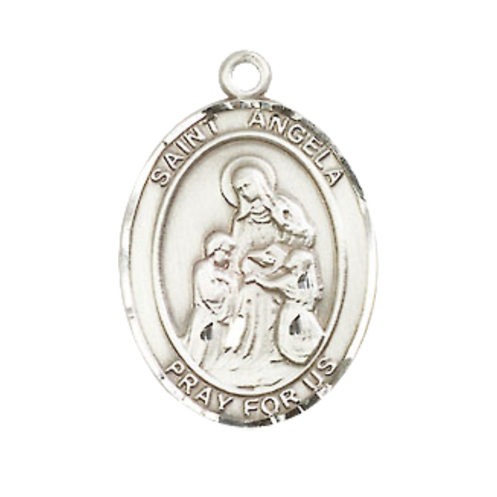 Everlasting Light Jewelry Medium Men's Pewter Patron Saint St.Angela Merici Medal Pendant with 24" Rhodium Plated Heavy Curb Chain Catholic Religious Necklace - Made in USA,Deluxe Velvet Gift Box