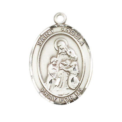 Everlasting Light Jewelry Medium Men's Pewter Patron Saint St.Angela Merici Medal Pendant with 24" Rhodium Plated Heavy Curb Chain Catholic Religious Necklace - Made in USA,Deluxe Velvet Gift Box