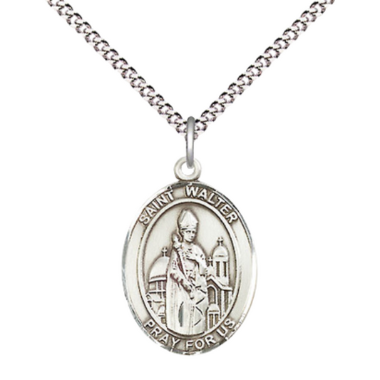 Everlasting Light Jewelry Medium Women's .925 Sterling Silver Saint St. Walter of Pontnoise Pendant Necklace on 18- inch Rhodium Plated Lite Curb Brass Chain – Patron Saint St. of POWs, Catholic Medal – Velvet Gift Box Included