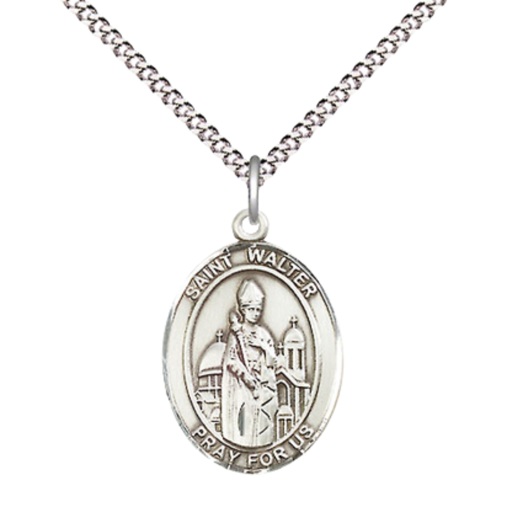 Everlasting Light Jewelry Medium Women's Pewter Saint St. Walter of Pontnoise Pendant Necklace on 18- inch Rhodium- Plated Lite Curb Brass Chain – Patron Saint St. of POWs, Catholic Medal – Velvet Gift Box Included