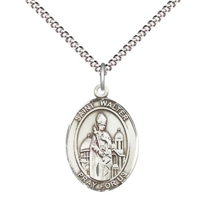 Everlasting Light Jewelry Medium Women's Pewter Saint St. Walter of Pontnoise Pendant Necklace on 18- inch Rhodium- Plated Lite Curb Brass Chain – Patron Saint St. of POWs, Catholic Medal – Velvet Gift Box Included