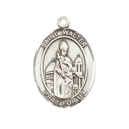 Medium Men's Pewter Saint St. Walter of Pontnoise Medal Pendant on 24 Inch Endless Rhodium Plated Heavy Curb Brass Chain, Catholic Religious Necklace - Made in USA- Deluxe Velvet Gift Box
