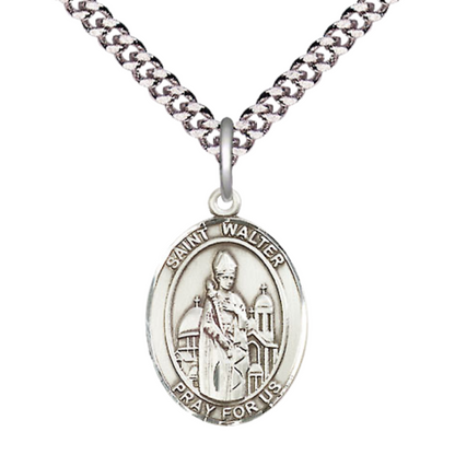 Mens Medium Oval Pewter Saint St. Walter of Pontnoise Medal Pendant on 24 Inch Rhodium Plated Heavy Curb Brass Chain w/ Lobster Claw Clasp, Catholic Religious Necklace - Made in USA- Velvet Gift Box