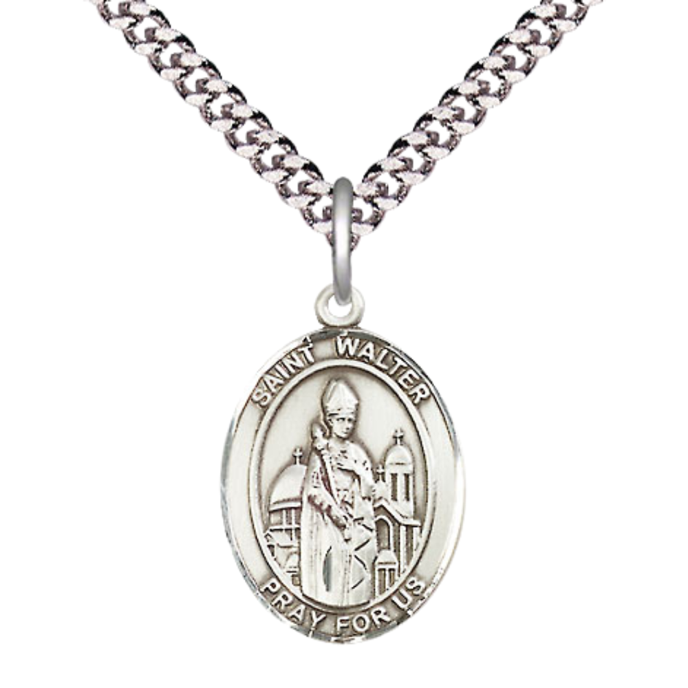 Medium Men's .925 Sterling Silver Saint St.Walter of Pontnoise Medal Pendant on 24 Inch Endless Rhodium Plated Heavy Curb Brass Chain, Catholic Religious Necklace -Made in USA- Deluxe Velvet Gift Box