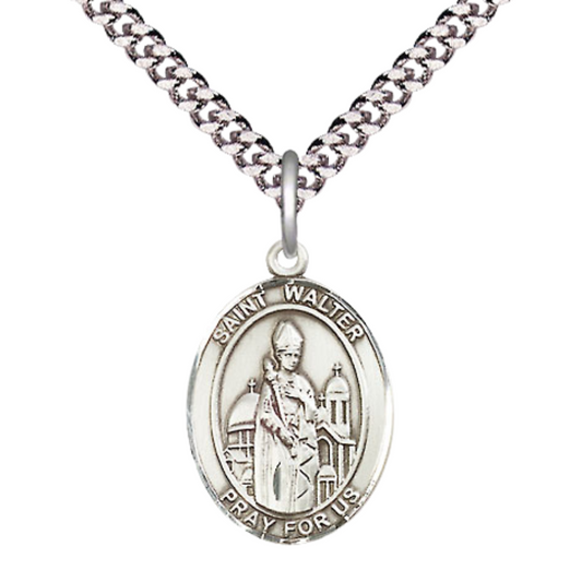 Medium Men's .925 Sterling Silver Saint St.Walter of Pontnoise Medal Pendant on 24 Inch Endless Rhodium Plated Heavy Curb Brass Chain, Catholic Religious Necklace -Made in USA- Deluxe Velvet Gift Box