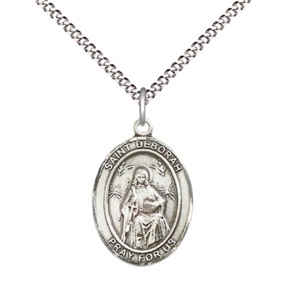 Everlasting Light Jewelry Medium Women's Sterling Silver Saint Deborah Pendant Necklace on 18-inch Rhodium Plated Lite Curb Brass Chain – Patron Saint of Women – Velvet Gift Box Included