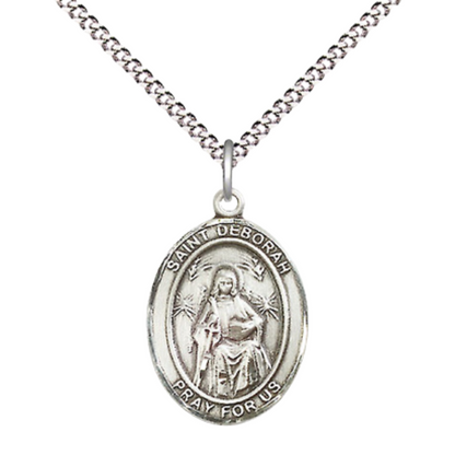 Everlasting Light Jewelry Medium Women's Sterling Silver Saint Deborah Pendant Necklace on 18-inch Rhodium Plated Lite Curb Brass Chain – Patron Saint of Women – Velvet Gift Box Included