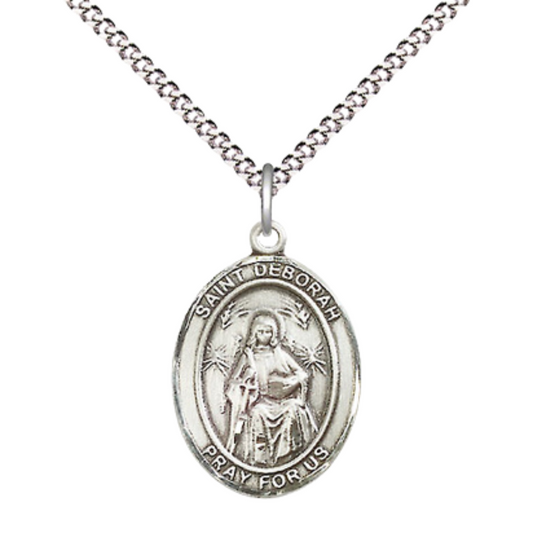 Everlasting Light Jewelry Medium Women's Pewter Saint Deborah Pendant Necklace on 18-inch Rhodium-Plated Lite Curb Brass Chain – Patron Saint of Women – Velvet Gift Box Included
