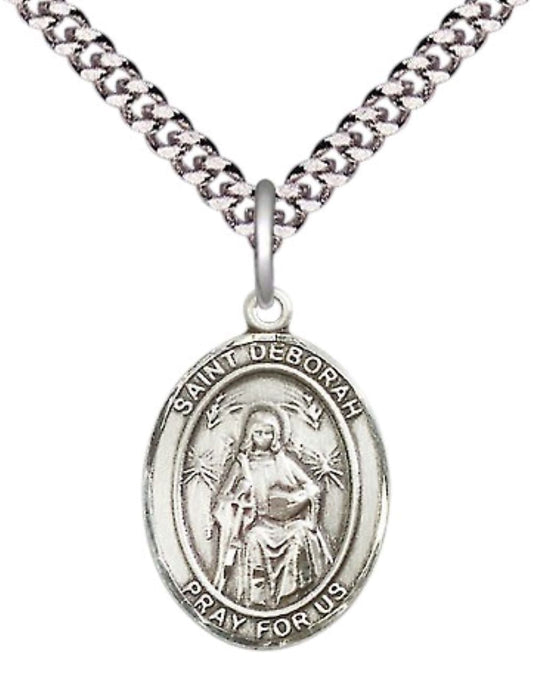 Medium Men's .925 Sterling Silver Saint St. Deborah Medal Pendant on 24 Inch Endless Rhodium Plated Heavy Curb Brass Chain, Catholic Religious Necklace - Made in USA- Deluxe Velvet Gift Box