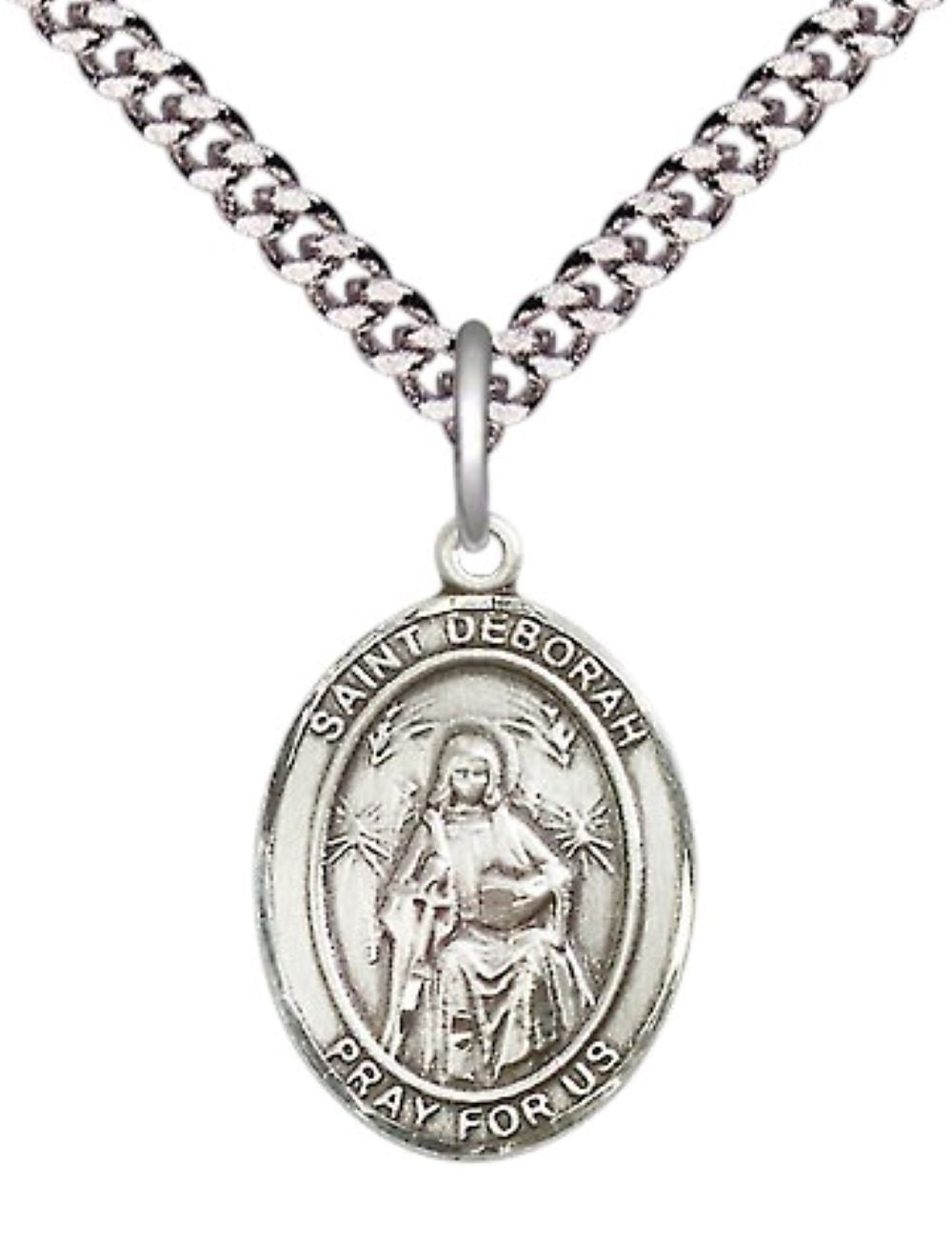 Mens Medium Oval Pewter Saint St. Deborah Medal Pendant on 24 Inch Rhodium Plated Heavy Curb Brass Chain with Lobster Claw Clasp, Catholic Religious Necklace - Made in USA- Deluxe Velvet Gift Box