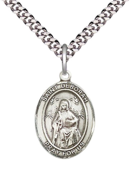 Mens Medium Oval Pewter Saint St. Deborah Medal Pendant on 24 Inch Rhodium Plated Heavy Curb Brass Chain with Lobster Claw Clasp, Catholic Religious Necklace - Made in USA- Deluxe Velvet Gift Box