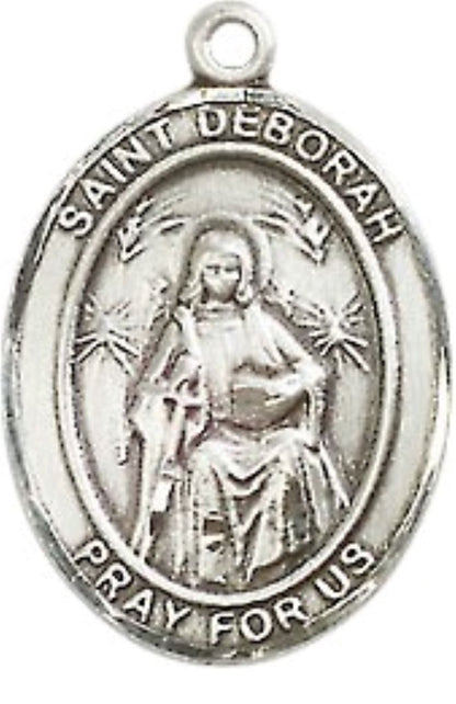 Mens Medium Oval Pewter Saint St. Deborah Medal Pendant on 24 Inch Rhodium Plated Heavy Curb Brass Chain with Lobster Claw Clasp, Catholic Religious Necklace - Made in USA- Deluxe Velvet Gift Box