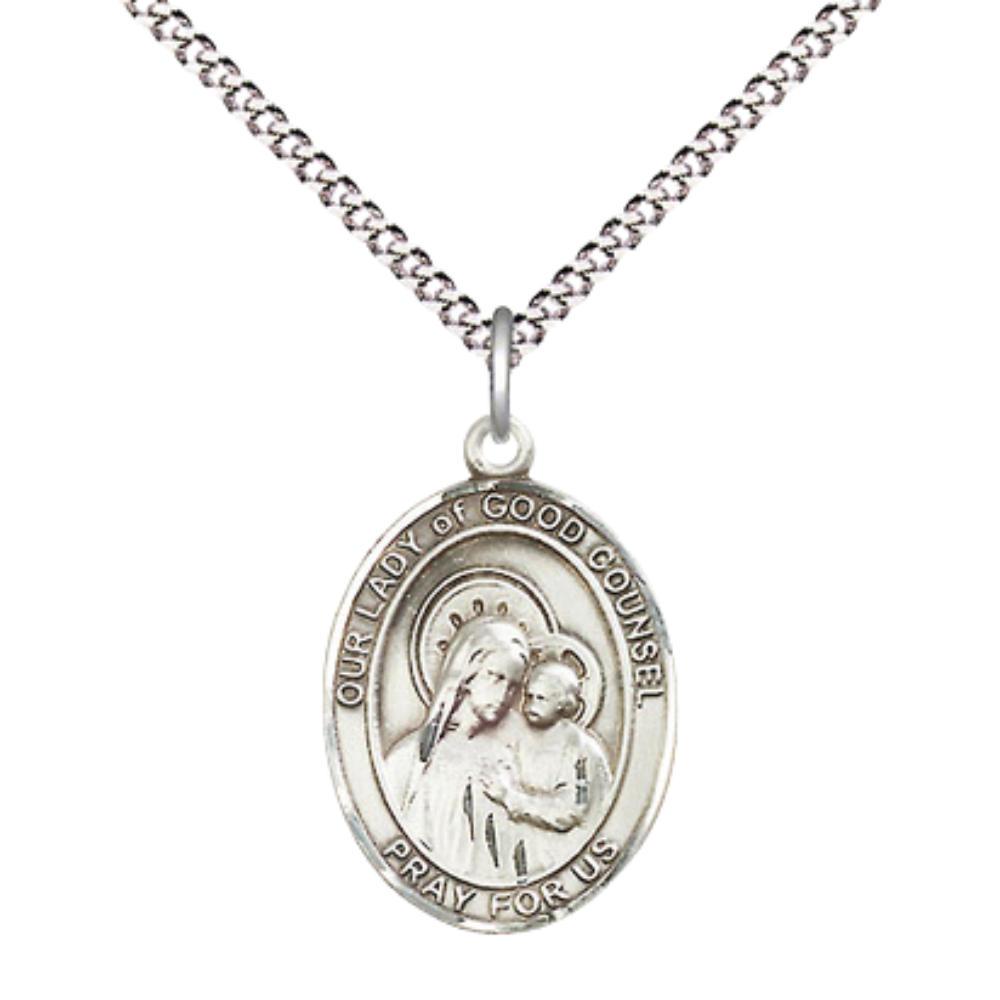 Everlasting Light Jewelry Medium Women's .925 Sterling Silver Our Lady of Good Counsel Pendant Necklace on 18- inch Rhodium Plated Lite Curb Brass Chain – Patron Saint St. of Enlightenment, Catholic Medal – Velvet Gift Box Included