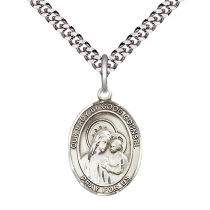 Medium Mens Oval .925 Sterling Silver Our Lady of Good Counsel Medal Pendant on 24 Inch Rhodium Plated Heavy Curb Brass Chain w/ Lobster Claw Clasp, Catholic Religious Necklace - Made in USA- Velvet Gift Box