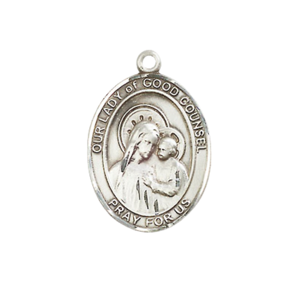 Everlasting Light Jewelry Medium Men's Pewter Our Lady of Good Counsel Medal Pendant on 24 Inch Endless Rhodium Plated Heavy Curb Brass Chain,Catholic Religious Necklace -Made in USA- Deluxe Velvet Gift Box