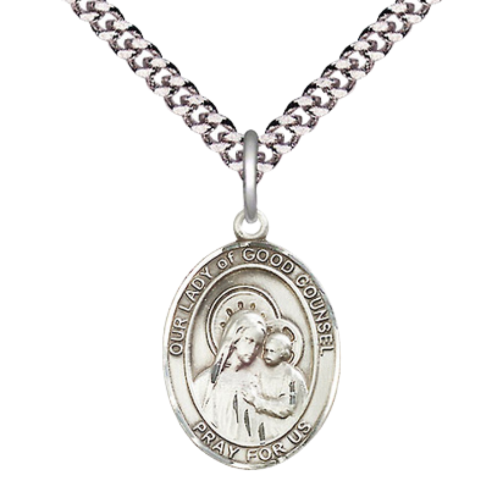 Everlasting Light Jewelry Medium Men's Pewter Our Lady of Good Counsel Medal Pendant on 24 Inch Endless Rhodium Plated Heavy Curb Brass Chain,Catholic Religious Necklace -Made in USA- Deluxe Velvet Gift Box