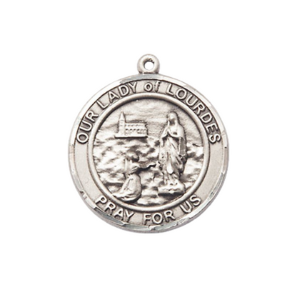 Everlasting Light Jewelry Medium Women's Pewter Our Lady of Lourdes Medal Pendant on 18 Inch Rhodium Plated Lite Curb Brass Chain w/Lobster Claw clasp, Made in USA, Catholic Medal - Deluxe Velvet Gift Box