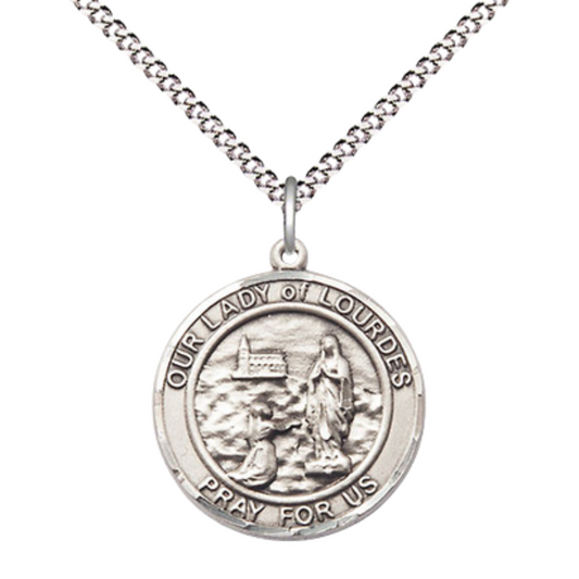 Everlasting Light Jewelry Medium Women's Pewter Our Lady of Lourdes Medal Pendant on 18 Inch Rhodium Plated Lite Curb Brass Chain w/Lobster Claw clasp, Made in USA, Catholic Medal - Deluxe Velvet Gift Box