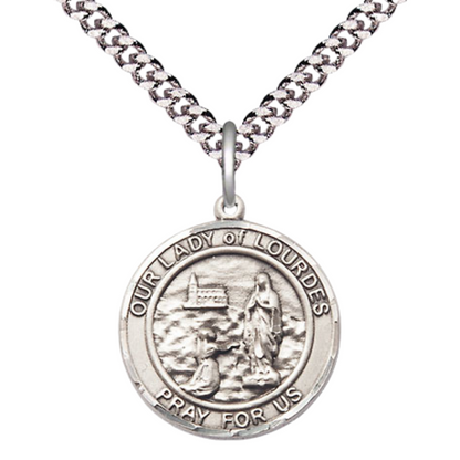 Medium Men's .925 Sterling Silver Our Lady of Lourdes Medal Pendant on 24 Inch Endless Rhodium Plated Heavy Curb Brass Chain, Catholic Religious Necklace - Made in USA- Deluxe Velvet Gift Box