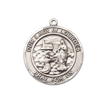 Medium Men's .925 Sterling Silver Our Lady of Lourdes Medal Pendant on 24 Inch Endless Rhodium Plated Heavy Curb Brass Chain, Catholic Religious Necklace - Made in USA- Deluxe Velvet Gift Box