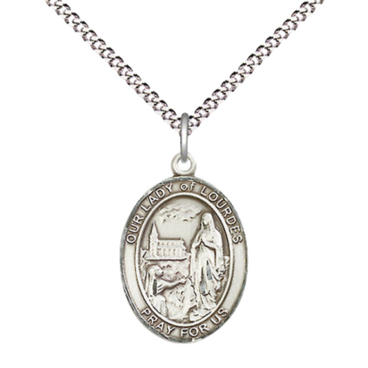 Everlasting Light Jewelry Women's Pewter Our Lady of Lourdes Pendant Necklace on 18- inch Rhodium- Plated Lite Curb Brass Chain – Patroness of Healing and Miracles, Catholic Medal – Velvet Gift Box Included