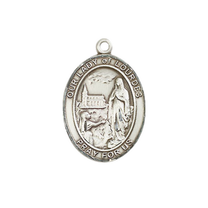 .925 Sterling Silver Our Lady of Lourdes Medal Pendant on 18 Inch Rhodium Plated Lite Curb Brass Chain with Lobster Claw Clasp, Catholic Religious Necklace - Made in USA- Prayer Card Included