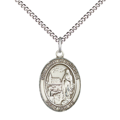 .925 Sterling Silver Our Lady of Lourdes Medal Pendant on 18 Inch Rhodium Plated Lite Curb Brass Chain with Lobster Claw Clasp, Catholic Religious Necklace - Made in USA- Prayer Card Included