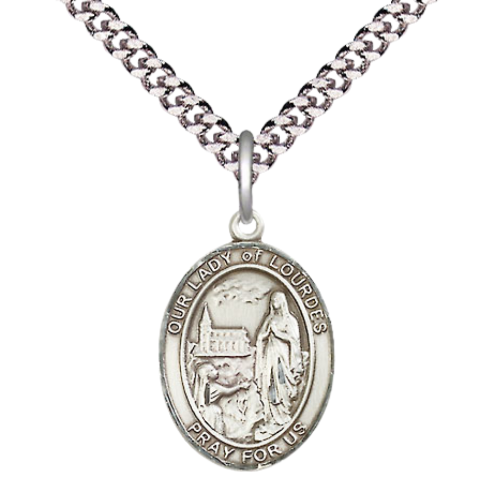 Men's Pewter Our Lady of Lourdes Medium Medal Pendant on 24 Inch Endless Rhodium Plated Heavy Curb Brass Chain, Catholic Religious Necklace - Made in USA- Deluxe Velvet Gift Box