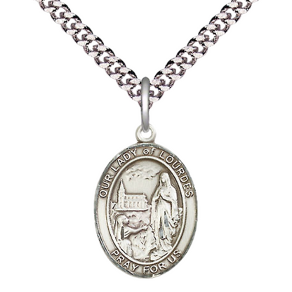 Men's Pewter Our Lady of Lourdes Medium Medal Pendant on 24 Inch Endless Rhodium Plated Heavy Curb Brass Chain, Catholic Religious Necklace - Made in USA- Deluxe Velvet Gift Box