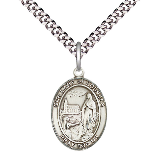 Medium Mens Oval .925 Sterling Silver Our Lady of Lourdes Medal Pendant on 24 Inch Rhodium Plated Heavy Curb Brass Chain w/ Lobster Claw Clasp, Catholic Religious Necklace- Made in USA- Velvet Gift Box